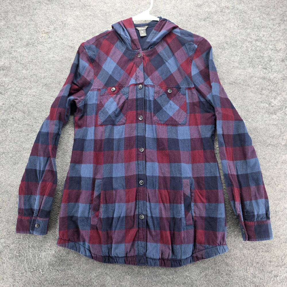 Eddie Bauer Jacket Womens S Multicolor Plaid Flannel Hooded Lined Button Pockets
